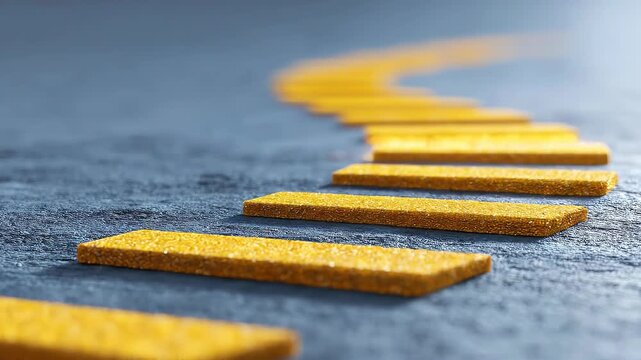 Floating golden stepping tiles forming structured progress roadmap across textured surface representing goal driven advancement.