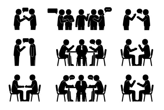 People communicating in various group settings with discussions