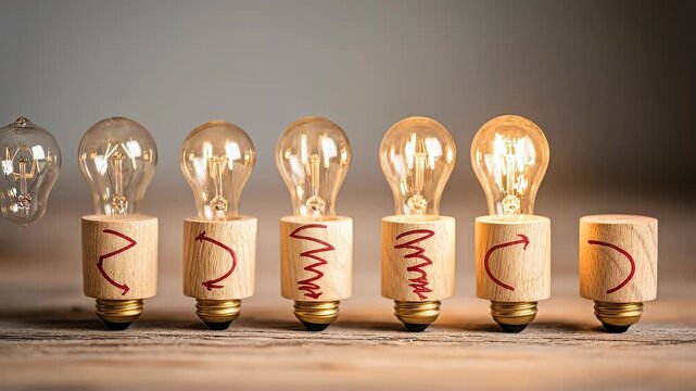 Rotating learning cycle symbols powering progressive light bulbs representing continuous improvement and organizational knowledge development.