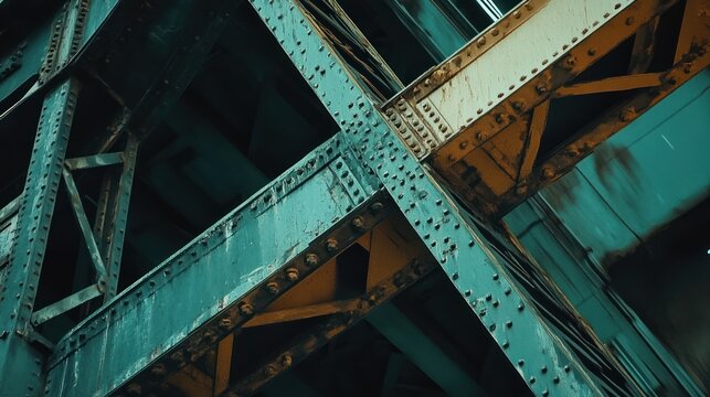 Complex steel infrastructure structure with intersecting metal beams and rivets
