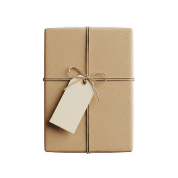 Brown paper gift box with a simple string bow and blank paper tag, isolated on transparent cutout png.
