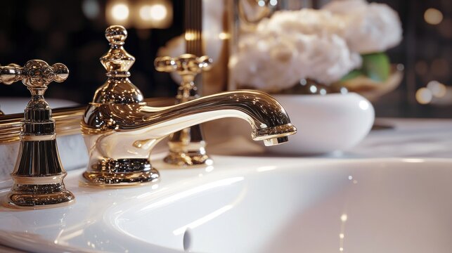 A close up image of elegant golden bathroom fixtures