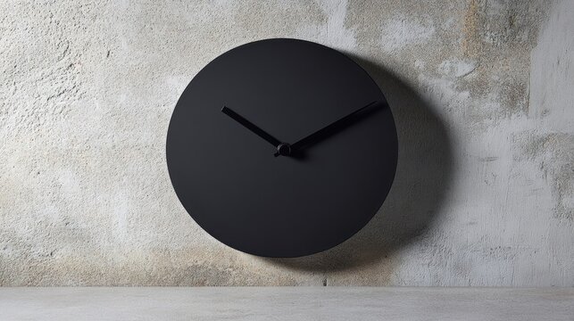 A black circular clock is mounted on a textured concrete wall