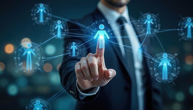 Man in suit touches digital network of glowing human icons connecting people globally. Futuristic concept of team building and HR strategy. Future tech in business.
