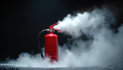 Naklejka premium Red fire extinguisher discharges white smoke in dark. Safety device disperses agent against danger. Emergency equipment ready for fire. Urgency and protection concept.