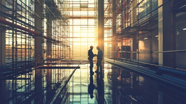 Two construction workers talking inside a building under construction at sunset