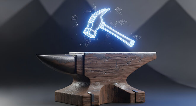 Digital Manufacturing and Software Development Concept with Glowing Neon Hammer Hologram over Rustic Anvil for Industrial Innovation and Tech