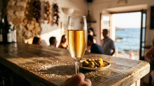 Close-up of a Manzanilla sherry with ocean salinity in a flute, no text, no logos, no faces, coastal Spanish sherry concept for tapas bar brand or beverage editorial, commercial use