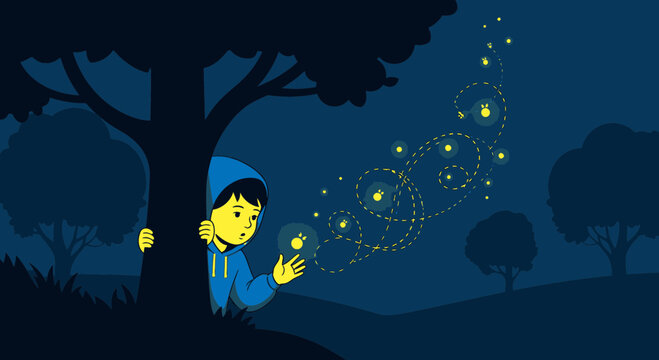 Childhood Wonder Watching Fireflies In A Magical Summer Night