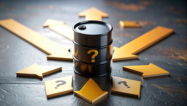 Oil price volatility concept with black barrel and golden arrows symbolizing uncertain market direction