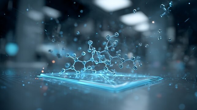 pharmaceutical R&D hologram interface, floating molecular network above smart medical lab surface