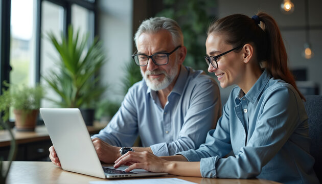 Experienced businessman guides younger female colleague with laptop in modern office. Discuss project details, working together to achieve business goals. Man shares expertise, woman learns new