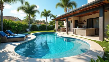 Fototapeta premium Private swimming pool with blue water, surrounded by palm trees and lounge chairs. Outdoor kitchen area and patio visible next to house. Sunny summer day creates relaxing atmosphere.