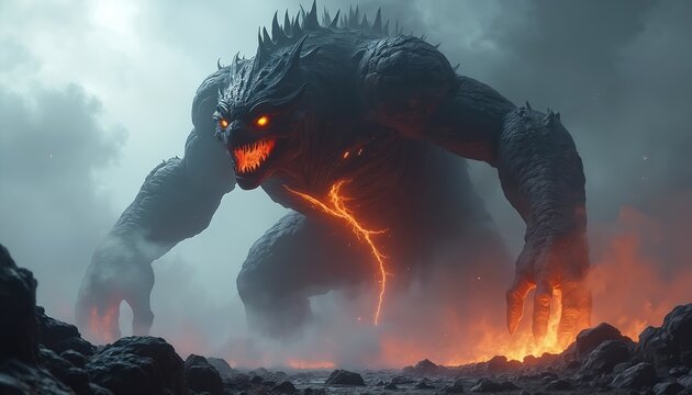 Gigantic rock monster with glowing eyes and fiery cracks in its body emerges from smoke and flames. This fearsome creature appears on a desolate rocky landscape with dramatic dark clouds overhead.