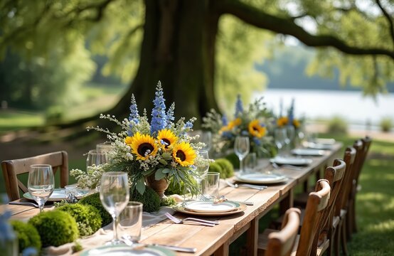 Outdoor reception long table set with sunflowers and blue flowers. Wooden chairs and glasses await guests for summer garden party. Greenery decor adds natural beauty. Water body in background.