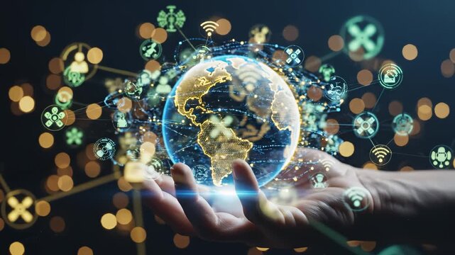 Hand holding digital globe with network icons