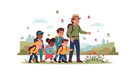 Fototapeta premium Children On A Nature Excursion With A Guide Leading Them On A Trail