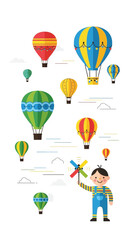 Naklejka premium Colorful Hot Air Balloons Ascending Skyward With Playful Child Holding Pinwheel Illustration