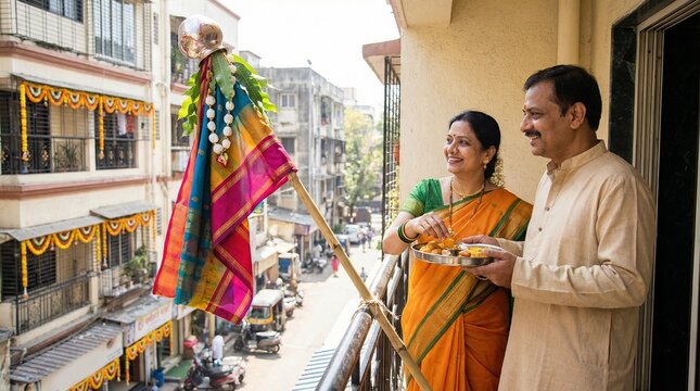 A couple standing together on a balcony with a colorful flag, celebrating a festival Ugadi indian decorations