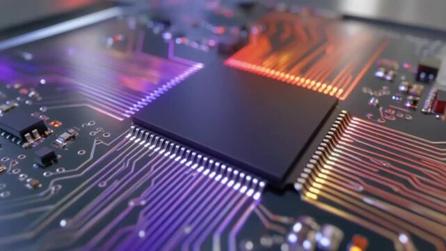 Macro view of modern computer circuit board with electronic components and integrated circuits showing detailed structure and advanced technology