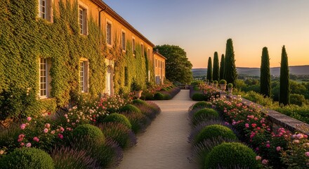 Obraz premium Beautiful European garden pathway with flowers and sunset light