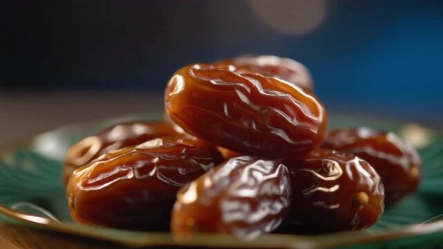 Close-up of ripe brown dates with wrinkled texture on green plate with gold rim against softly blurred background