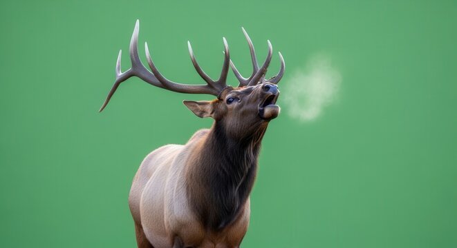 Majestic Elk Roaring with Antlers Spread on Vibrant Green Background