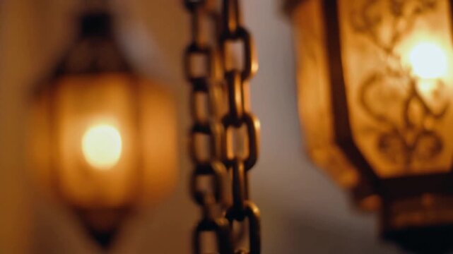 Close-up of decorative lanterns with intricate patterns suspended by chains and warm lighting highlighting rich textures and fine ornamental details
