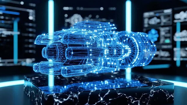 A futuristic, glowing blue 3D model of a mechanical device on a sleek, dark marble platform surrounded by screens