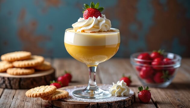 Rich zabaione dessert served in glass with whipped cream and strawberry topping. Cookies and fresh berries arranged nearby on rustic wood surface. Sweet treat for celebration or fine dining.