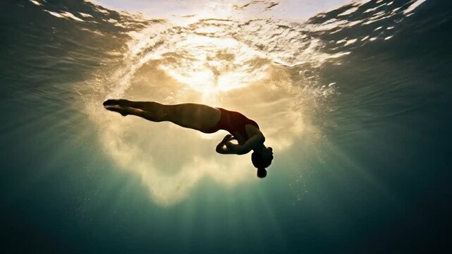 Underwater Swimmer Silhouette Against Sunlight.