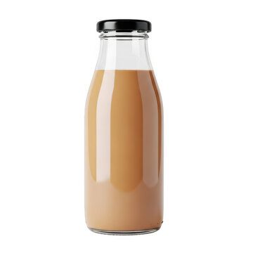 Small glass bottle filled with tasty brown coffee or milk drink, isolated on transparent cutout png.