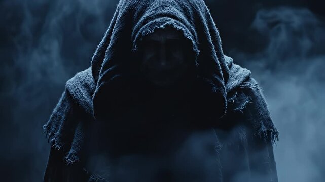 Cloaked figure in dark smoke