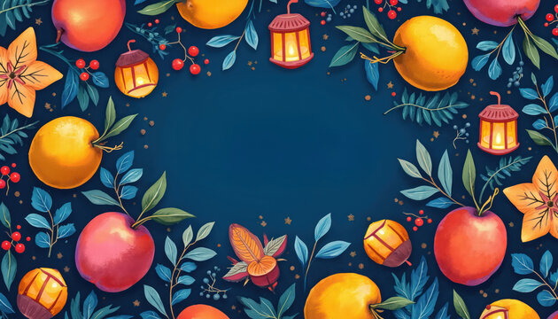 Decorative border with apples, oranges, berries, leaves and lanterns on dark blue background. Autumnal festive design elements create a charming frame for text or graphics.