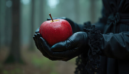 Naklejka premium Gloves hold red apple in misty forest. Dark dress and black gloves near wet fruit. Fairytale witch offers poisoned fruit. Mystery and danger hidden in nature.
