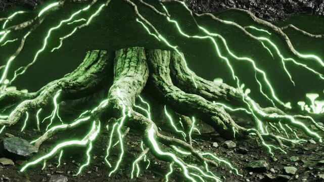 Forest roots with glowing green energy