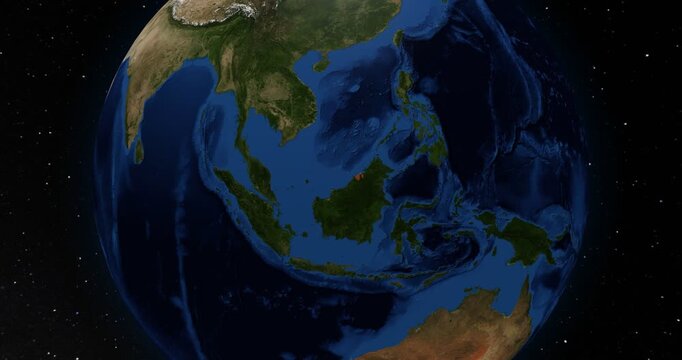 Brunei on the Globe. Zoom into the country with the Earth spinning in space. High detail physical world map with Brunei on it. Country view animation. Elements of this image furnished by NASA.