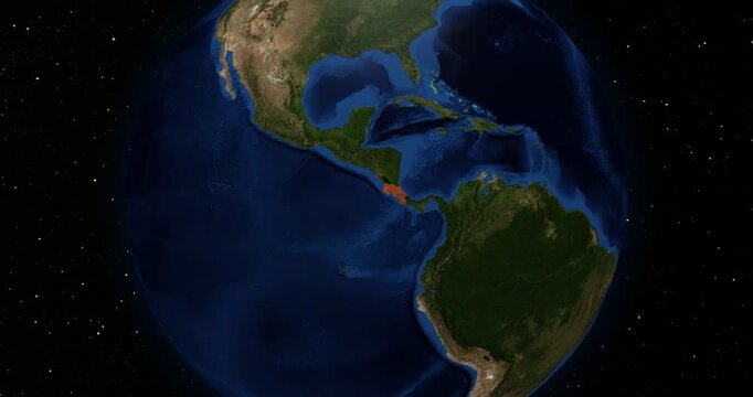 Costa Rica on the Globe. Zoom into the country with the Earth spinning in space. High detail physical world map with Costa Rica on it. Country view animation. Elements of this image furnished by NASA.