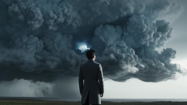 Man in coat facing storm clouds