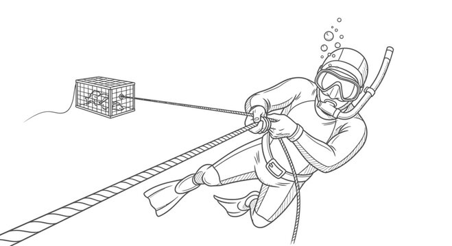 Scuba Diver Pulling Fish Trap Cage Underwater Vector Illustration Design Element