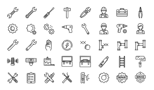 Repair Service Outline Icons Set Maintenance Tools Editable Stroke Vector Collection