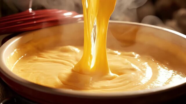 A close-up of a pot filled with a creamy, yellow mixture being stirred with a wooden spoon