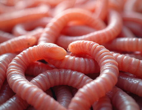 Close-up macro view of many live pink earthworms. Segmented annelids wriggle together in a heap. Red worms used for fishing bait and compost. Organic garden soil creatures.