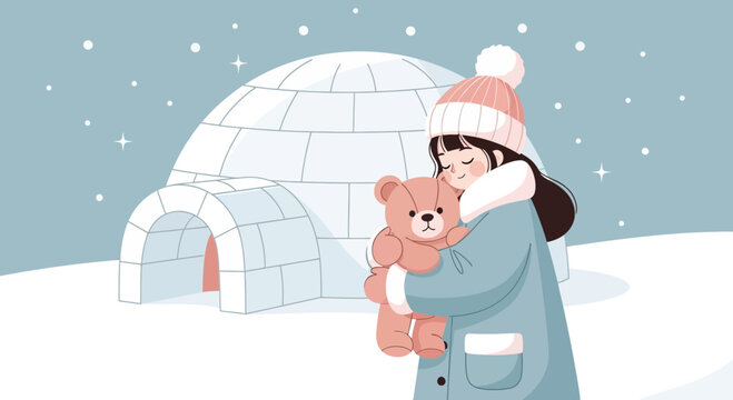 Cozy Winter Embrace Girl Hugs Teddy Bear By Igloo Scene