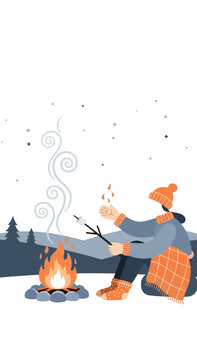 Cozy Winter Evening Campfire Marshmallow Roasting Outdoors