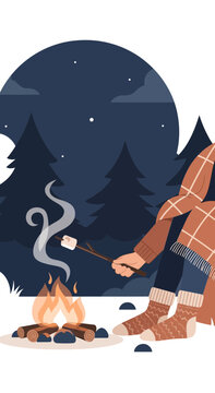 Cozy Winter Evening Campfire Marshmallow Roasting Serene Outdoors