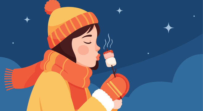 Cozy Winter Evening Enjoying A Sweet Marshmallow Treat Under Starlit Skies
