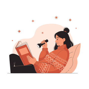 Cozy Winter Evening Reading Session With A Flashlight Under Starry Skies