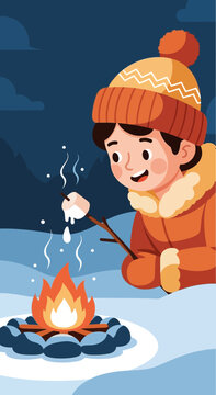 Cozy Winter Evening Roasting Marshmallow By Campfire Joyful Child Delight