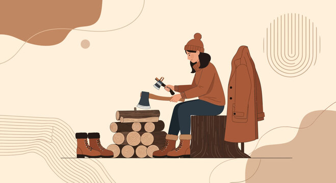 Cozy Winter Preparation Illustrated A Woman Chopping Wood For Warmth
